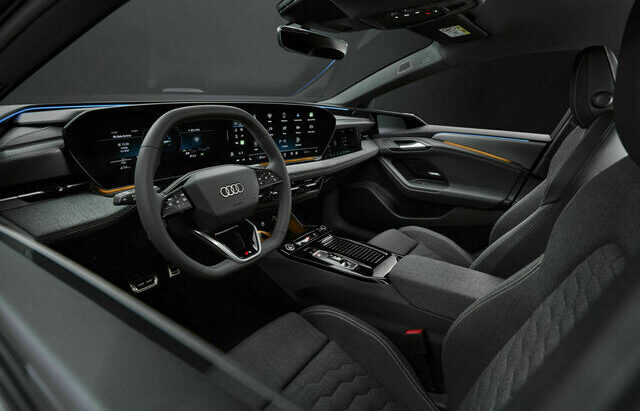 2024 Audi A6 e-tron interior, featuring premium leather seats, digital instrument cluster, and infotainment display