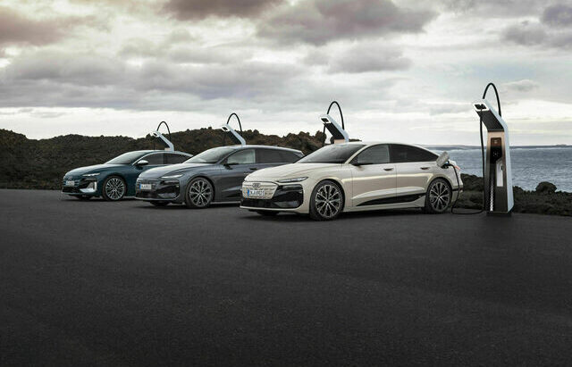 Audi A6 e-tron electric vehicle parked in a charging station