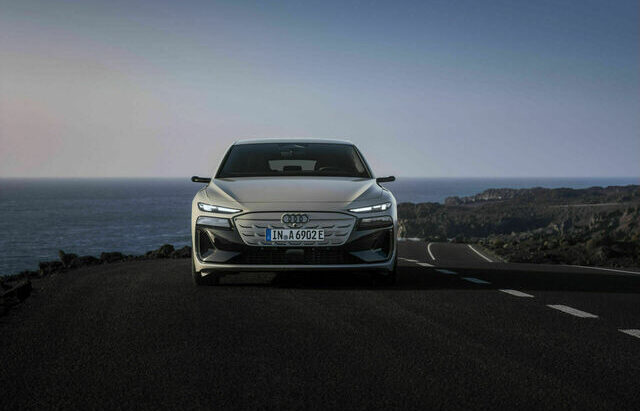 Close-up of the 2024 Audi A6 e-tron's front grille and LED headlights