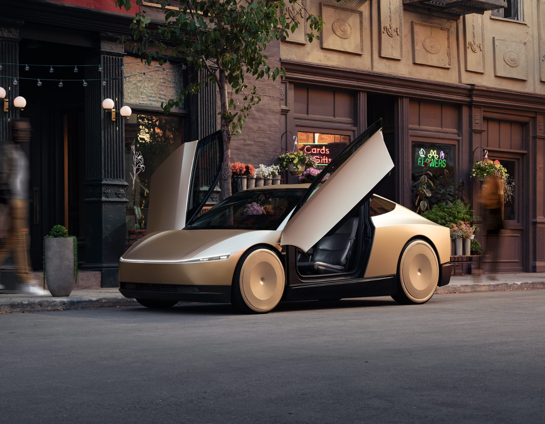 The New Tesla CyberCab with sleek design parked outside